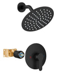 8 Inch Round Rainfall Shower Head Matte Black Shower Faucet Set With SUS304 Stainless Steel Trim Kit, Single Handle Valve, Wall Mount System With Female Thread Connections