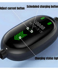 Road Trip Ready Portable EV Charger With Adjustable 32 Amp And 16 Amp Modes For Lightning Fast Home Or Garage Charges displaying control buttons and status indicators.