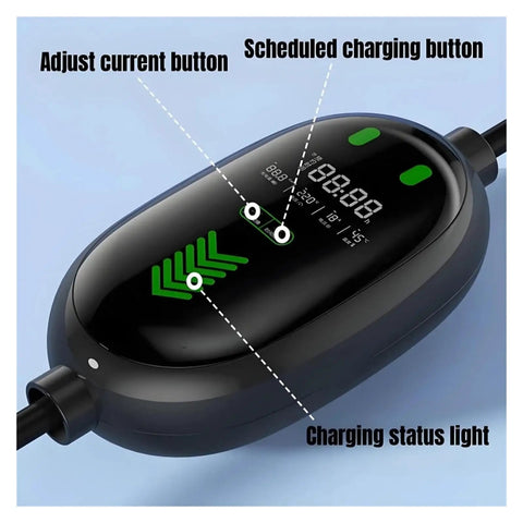 Road Trip Ready Portable EV Charger With Adjustable 32 Amp And 16 Amp Modes For Lightning Fast Home Or Garage Charges displaying control buttons and status indicators.