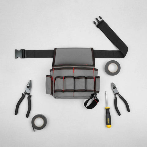 Rig Ready Waterproof Oxford Canvas Tool Belt Waist Pack With Slick Adjustable Strap and Killer Storage Loops from above with tools.