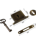 Vintage Brass Drawer Lock With Key For Cabinets And Desks, rust resistant, smooth operation, gold bronze finish, hardware with measurements