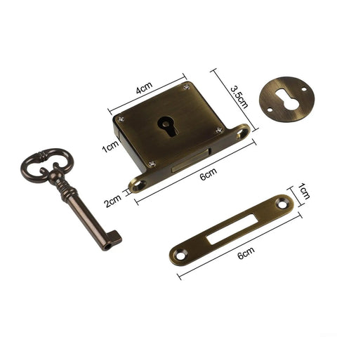 Vintage Brass Drawer Lock With Key For Cabinets And Desks, rust resistant, smooth operation, gold bronze finish, hardware with measurements