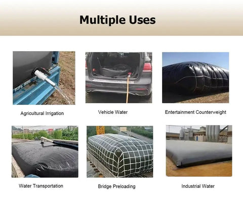 Foldable 300 Gallon Water Storage Bladder Tank with faucet used for irrigation, vehicle water, and industrial applications.