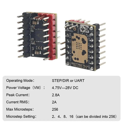 Tmc2209 V1.3 Stepper Motor Driver Pulling Dead Silent Action Via Stealthchop2 Tech, side view showing pin connections and specifications.