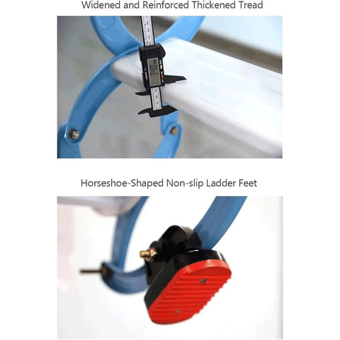 Detailed close-up of Heavy Duty Electric Attic Ladder with thickened tread and non-slip horseshoe-shaped feet.