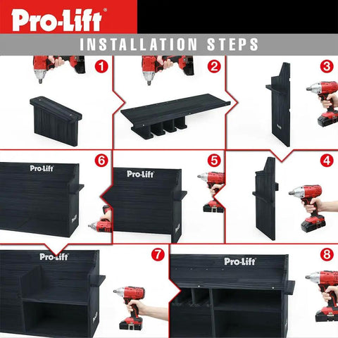 Installation steps for Cordless Drill Organizer Wall Mount Rack With Five Hanging Slots in durable wood finish, Model M004W1.