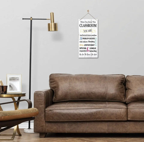 Motivational Classroom Sign Decor For Your Entrance Hanging Wood Sign With Rustic Wall Decor Math Teacher Sign Mathematics Sign Great Math Teacher Appreciation Gift Durable MDF UV Printed 12 By 6 Inch on a living room wall above sofa.