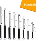 Diagram of Nine Piece Pin Punch Set With Knurled Handles And Storage Pouch For Automotive, Watch Repair, Jewelry, And Craft Projects