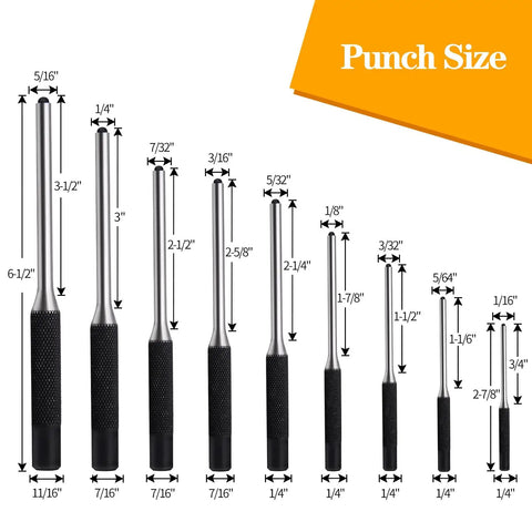 Diagram of Nine Piece Pin Punch Set With Knurled Handles And Storage Pouch For Automotive, Watch Repair, Jewelry, And Craft Projects