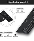 Close-up of 10 Inch Heavy Duty Gate Hinges For Wooden Fences Shed Doors And Outdoor Barns In Black Durable Iron T Strap Gate Hinges With Rust Resistant Coating.