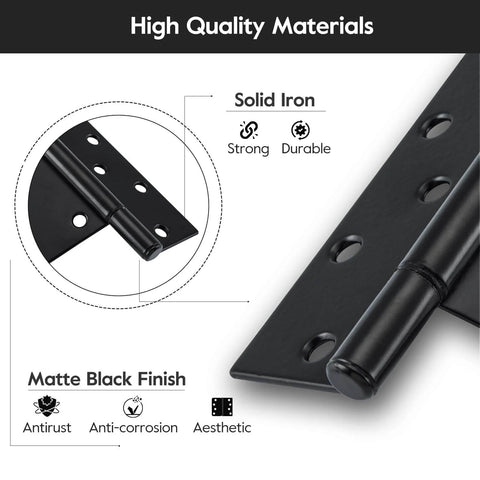 Close-up of 10 Inch Heavy Duty Gate Hinges For Wooden Fences Shed Doors And Outdoor Barns In Black Durable Iron T Strap Gate Hinges With Rust Resistant Coating.