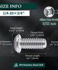 1/4-20 Button Head Socket Cap Bolts 3/4 Inch Stainless Steel 304 18-8 With Allen Hex Drive Bright Finish Heavy Duty Full Thread Pack Of 25 For Furniture Auto DIY Projects, showing detailed dimensions and hex drive size.