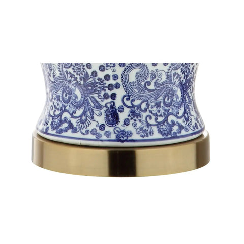 Blue White Ceramic Ginger Jar Table Lamp With White Linen Drum Shade 29.5 Inch Tall Showpiece Classic Chinoiserie base design