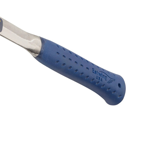 Rock Pick Hammer 22 Oz USA Made Geology Tool with Pointed Tip and Shock Reduction Grip showing blue handle close-up