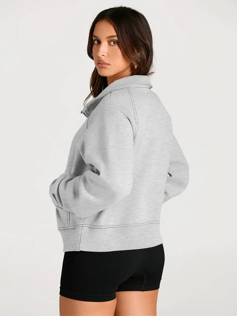 Woman wearing gray Women's Half Zip Fleece Pullover Sweatshirt Hoodie Cardigan For Cold Weather, Cozy Cotton Poly Blend with soft lining