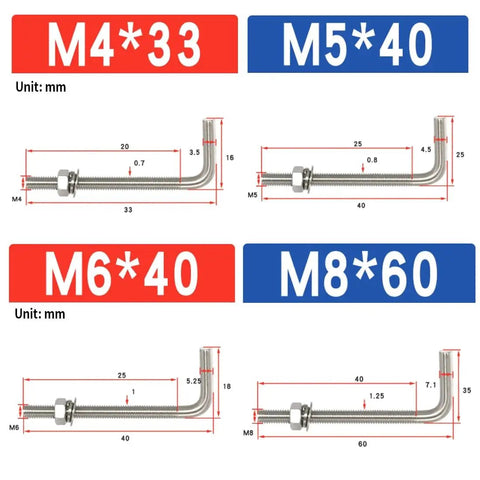 304 Stainless Steel L Shaped Anchor Bolt Kit With Nuts And Washers, Rustproof Indoor Outdoor Anchor Screws, Heavy Duty J Hook Bolts For Secure Mounting And Long Lasting Durability, M4 M5 M6 M8 sizes