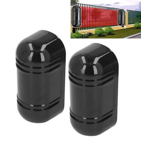 Pack of 2 Infrared Beam Alarm System With Photoelectric Motion Detector For Homes And Villas Factories And Schools Tough Security Sensor With 100m Range And Smart Animal Detection To Avoid False Alarms, shown installed on a fence