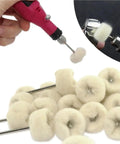 Pro Grade Mini Wool Polishing Brush Wheel Set For Drill Rotary Tools, shown in use and detail of wool buffing heads.