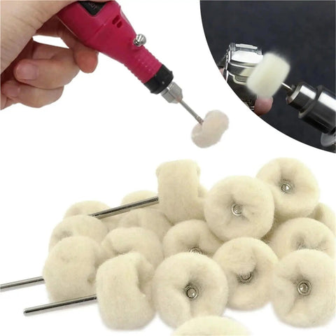 Pro Grade Mini Wool Polishing Brush Wheel Set For Drill Rotary Tools, shown in use and detail of wool buffing heads.