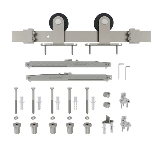 Brushed Nickel Sliding Barn Door Hardware Track Kit With Soft Close Heavy Duty Top Mounted Six Foot System components