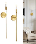 Sleek Gold Wall Candle Sconces Set Of Two Large 23 Inch Modern Light Fixtures For Bedroom Dining Room And Living Room Chic Home Decor That Delivers Major Flex Ambiance Always. Elegant candle sconces mounted on a wall.