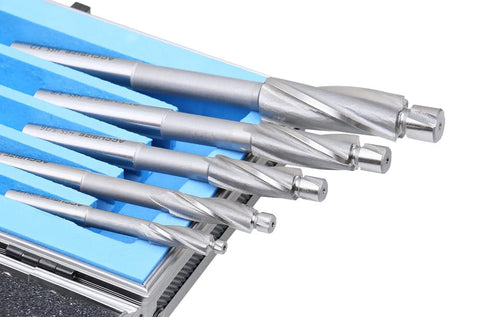 7 Piece HSS Solid Capscrew Counterbore Set With 3 Flute Straight Shank In Inch Sizes Six, Eight, Ten, One Quarter Inch, Five Sixteenths Inch, Three Eighths Inch, And One Half Inch For Fast Clean Countersinking In Wood And Metal