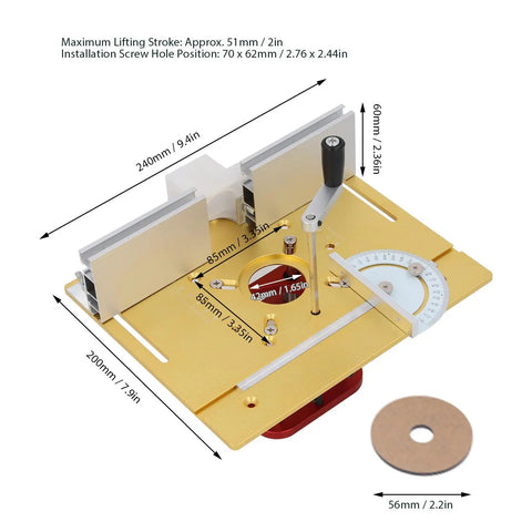Beefy Pro Grade Manual Lifting Router System Kit With Four Jaw Clamps, Adjustable Router Table Lift For 64-66mm Motors, Durable Router Table Saw Insert Base Plate For Woodworking And Small Trimming Tasks, gold aluminum plate with 51mm lift