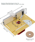 Real Deal Aluminum Alloy And Stainless Steel Manual Router Lift Kit With Four Hole Table Saw Insert Base Plate, showing measurements and features.