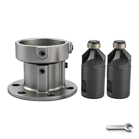 Heavy Lift Aluminum Alloy Grinder Chamfer Tool With Ergonomic Grip For Crisp Precision Tapering And Rock Solid Construction, parts including two cutter attachments and base.