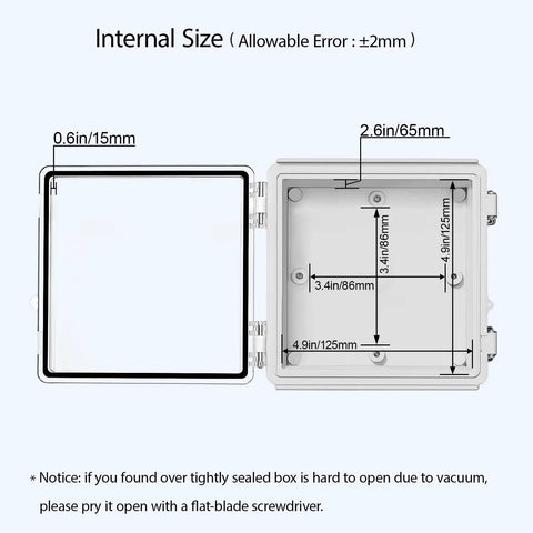 Internal dimensions of IP67 Waterproof ABS Plastic Junction Box With Clear Hinged Cover And Stainless Steel Latch, Heavy Duty Electrical Enclosure.