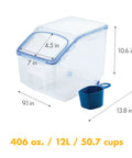 Heavy Duty Bulk Food Storage Containers With Smooth Rolling Wheels And Snap Tight Lids, 50 Cup Dry Goods Pantry Bin With Measuring Cup dimensions.