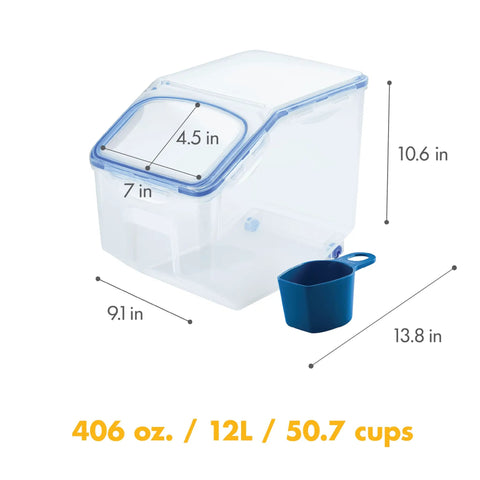Heavy Duty Bulk Food Storage Containers With Smooth Rolling Wheels And Snap Tight Lids, 50 Cup Dry Goods Pantry Bin With Measuring Cup dimensions.