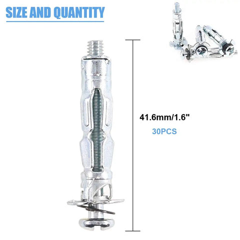 Bulletproof 30 Piece 4X32Mm Heavy Duty Zinc Plated Steel Molly Bolt Wall Anchor Screw Set For Drywall Plaster And Tile Hardware that is 41.6mm in size.