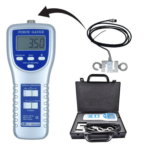 Electronic Digital Force Gauge For Tension And Compression With 100 Kg Capacity And Dual Hooks, 3 Unit Modes (Kg, Lb, Newton), 0.05 Resolution, Plus Minus 0.5 Percent Plus Two Digits Accuracy, LCD Backlit Display, Handy Testing Tool with case and cable