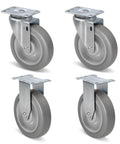 Heavy Hitter Grade Rubber Caster Wheels 5 Inch Industrial Casters Set Of 4 with grey rubber wheels and metal brackets for carts.