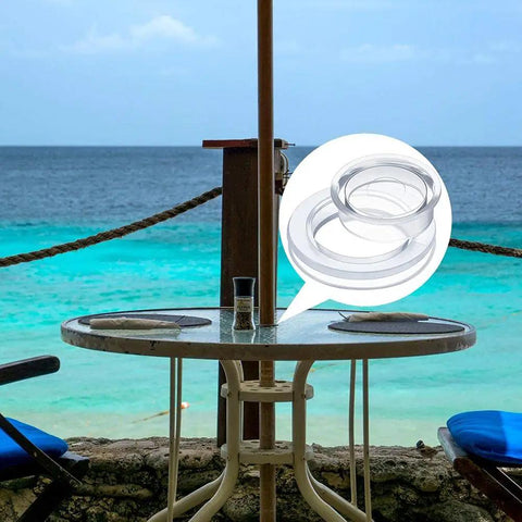 Durable PVC Patio Table Umbrella Hole Ring Plug for Outdoor Dining Tables, 6.1cm tall, 4.2cm inner diameter, on oceanfront patio