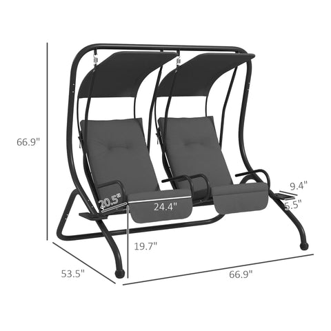Dimensions of Two Seat Patio Swing Chair With Removable Canopy And Cup Holders For Porch, Garden, Poolside, And Backyard Gray Outdoor Swing With Easy Assembly, Weather Resistant Frame For Total Chill Outdoors shown in diagram.