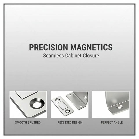 Precision Magnetic Seamless Cabinet Closure with smooth brushed finish, recessed design, and perfect angle for easy installation.