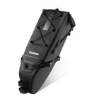 Black 14L Roll Top Bike Saddle Bag With Rainproof Storage For Long Distance Cycling And Bikepacking, adjustable straps visible
