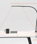 Boss Clamp Desk Lamp With Swing Arm And Gooseneck illuminating desk, showing dimensions, 9W LED, 1050 Lux Eye Care Light.