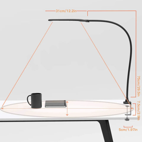 Boss Clamp Desk Lamp With Swing Arm And Gooseneck illuminating desk, showing dimensions, 9W LED, 1050 Lux Eye Care Light.