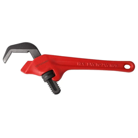 Nine And A Half Inch Hex Offset Wrench With One Eighth To Two And Five Eighths Inches Capacity Built Tough For Heavy Duty Hex Jaw Pipe Wrench Ductile Iron Chrome Vanadium Build Slim Jaws For Tight Spaces showing side view with red handle.
