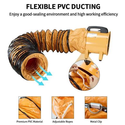 Flexible duct of Beefy 10 Inch High Velocity Industrial Blower Fan With 16 Feet Duct Hose Portable Ventilation for Garages and Workshops