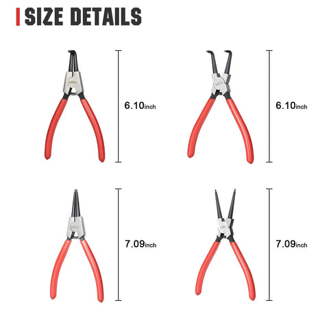 4 Piece Snap Ring Pliers Set With Internal And External Circlip Pliers For Removing And Installing Retaining Rings Heavy Duty Carbon Steel Pro Grade Tool Kit 7 Inch Pliers With Comfort Grip showing size details.