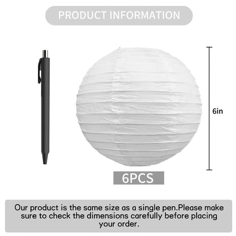 Six Inch White Paper Lanterns Set Of Six Hanging Round Lanterns For Birthday Party Wedding Christmas Bridal Home Decor Chinese Japanese Style Easy To Hang And Reusable shown with pen for size comparison