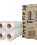 Badass Heavy Duty Stretch Wrap 18 Inch Clear Packing Film 1200 Feet Long 4 Rolls Industrial Grade 80 Gauge packaging stacked.