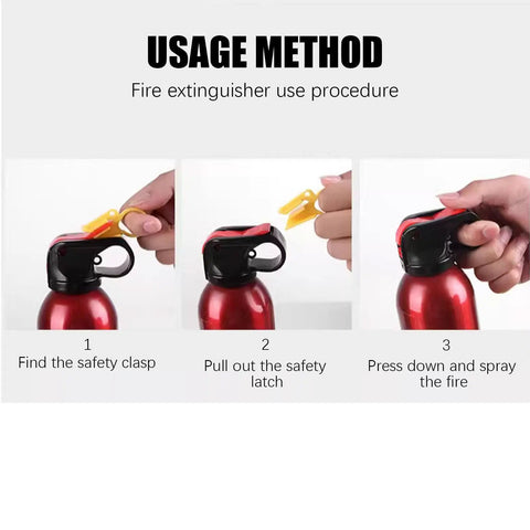 Usage method steps for Compact 4 In 1 Portable Fire Extinguisher For Home Garage Kitchen And Car, No Sweat Abc K Rated Extinguisher.