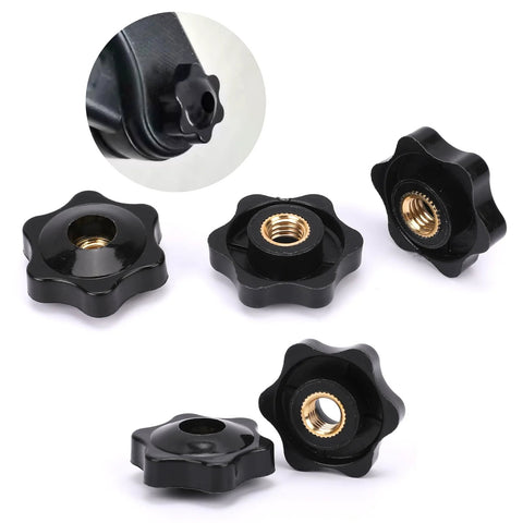 Five black six-lobed clamping knobs with brass 1/4-20 inserts, front view.