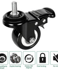 All Purpose 2 Inch Rubber Caster Wheels Set Of Four With Locking Brakes And Threaded Stem Heavy Duty Rollers showing a 2 inch polyurethane wheel with threaded stem and dual locking feature.