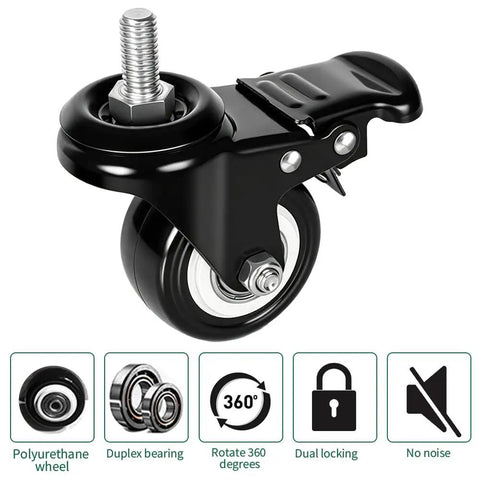 All Purpose 2 Inch Rubber Caster Wheels Set Of Four With Locking Brakes And Threaded Stem Heavy Duty Rollers showing a 2 inch polyurethane wheel with threaded stem and dual locking feature.